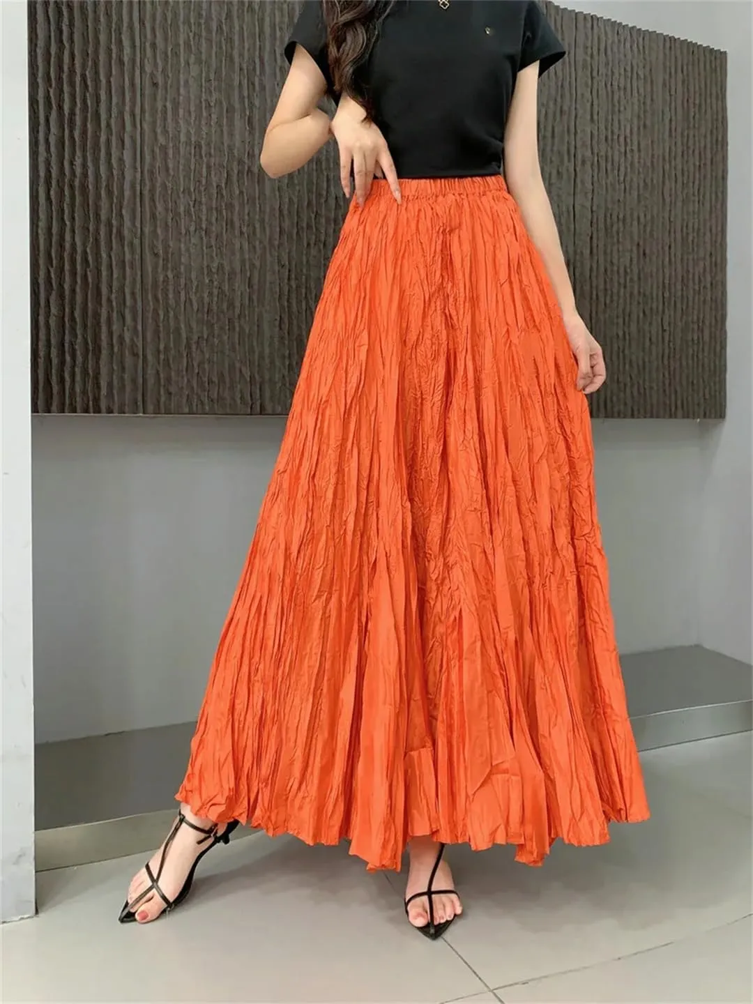 Womens Solid Loose Casual Pleated Long Skirts High Waist Beach Vacation Skirts