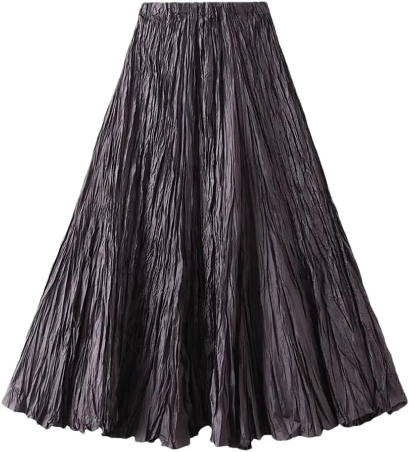 Womens Solid Loose Casual Pleated Long Skirts High Waist Beach Vacation Skirts