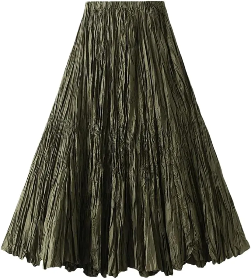 Womens Solid Loose Casual Pleated Long Skirts High Waist Beach Vacation Skirts