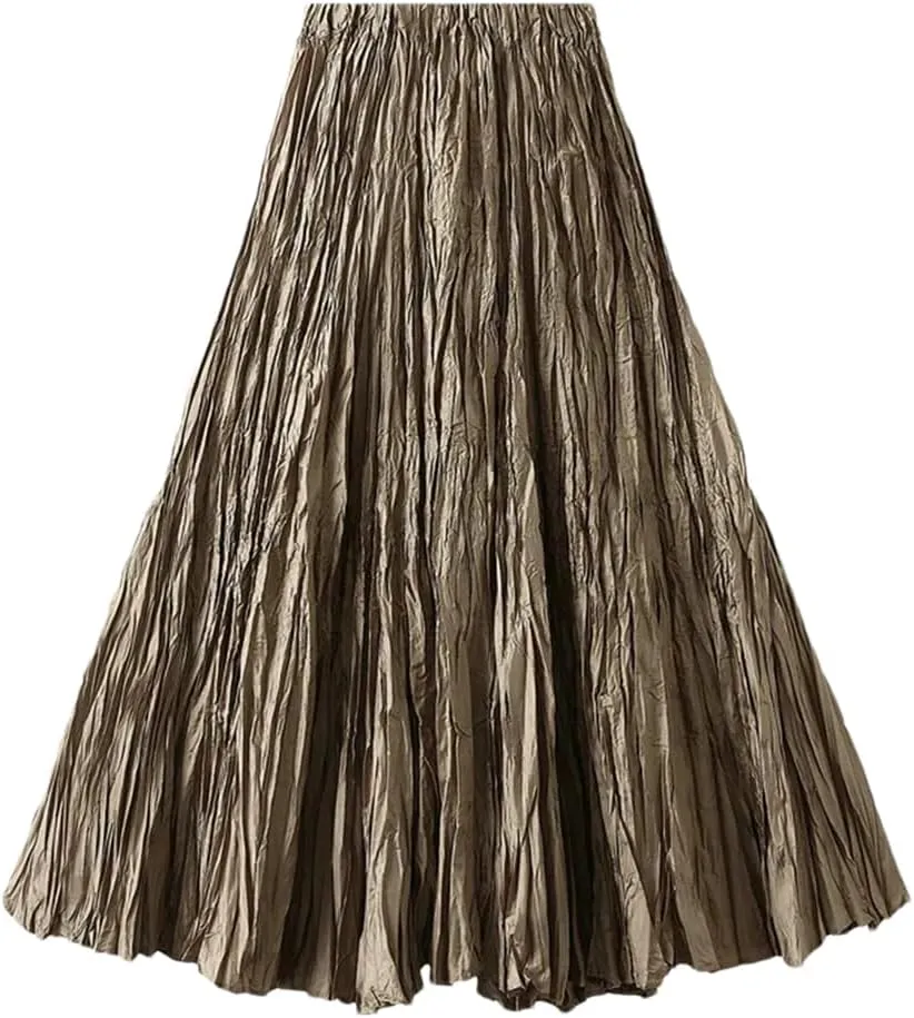 Womens Solid Loose Casual Pleated Long Skirts High Waist Beach Vacation Skirts