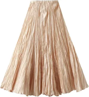Womens Solid Loose Casual Pleated Long Skirts High Waist Beach Vacation Skirts