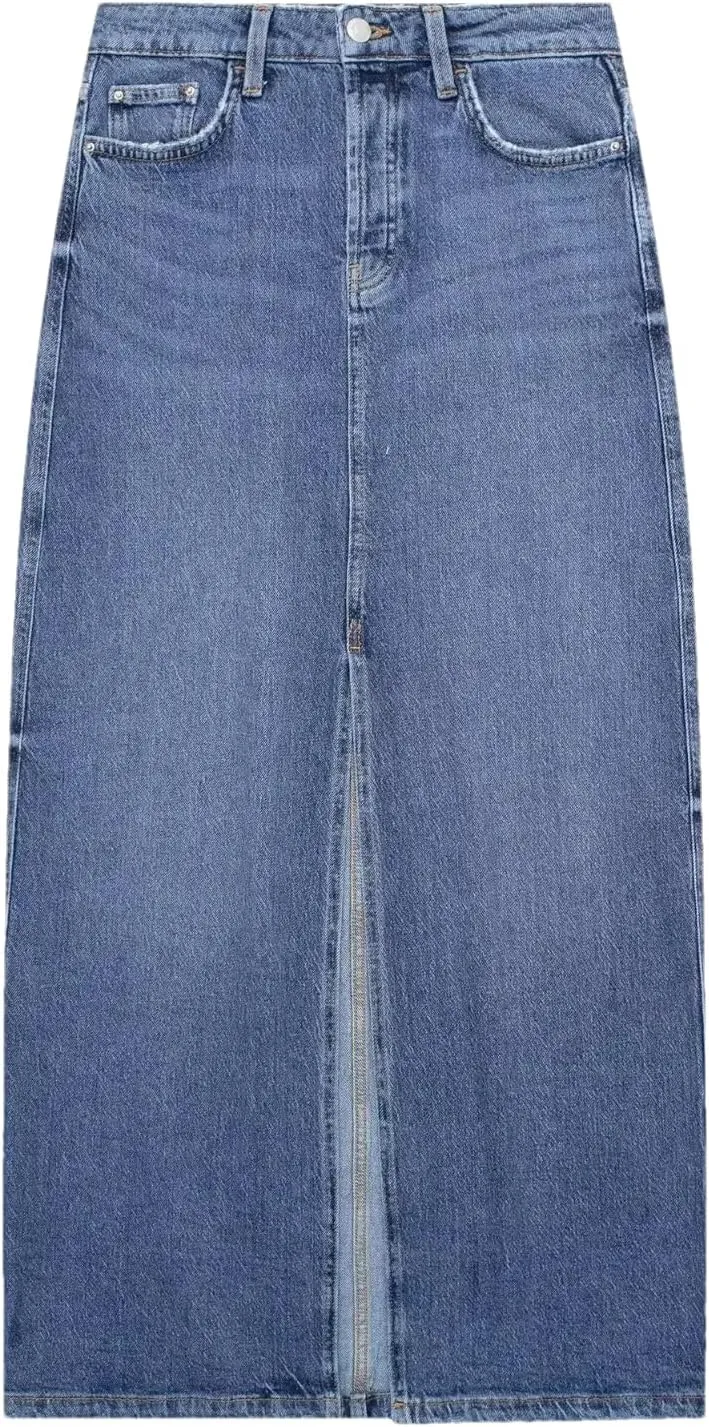 Women's Solid Streetwear Cargo Denim Skirts Summer High Waist Slit Jean Midi Skirts