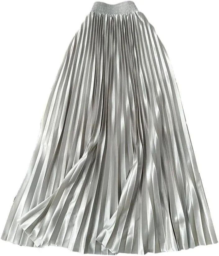 Women's Spring-Summer Bohemian Satin Pleated Long Skirts High Waist Beach Umbrella Skirts