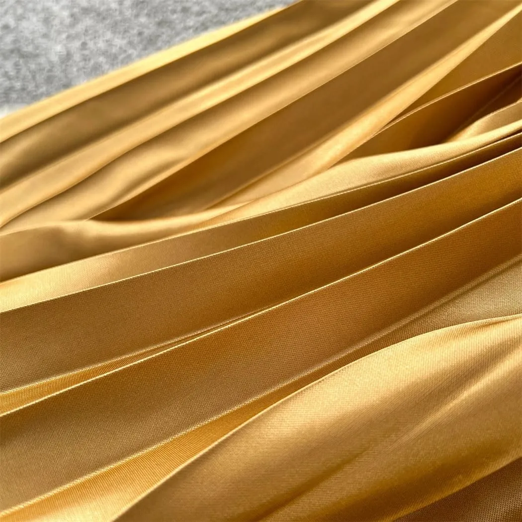 Women's Spring-Summer Bohemian Satin Pleated Long Skirts High Waist Beach Umbrella Skirts