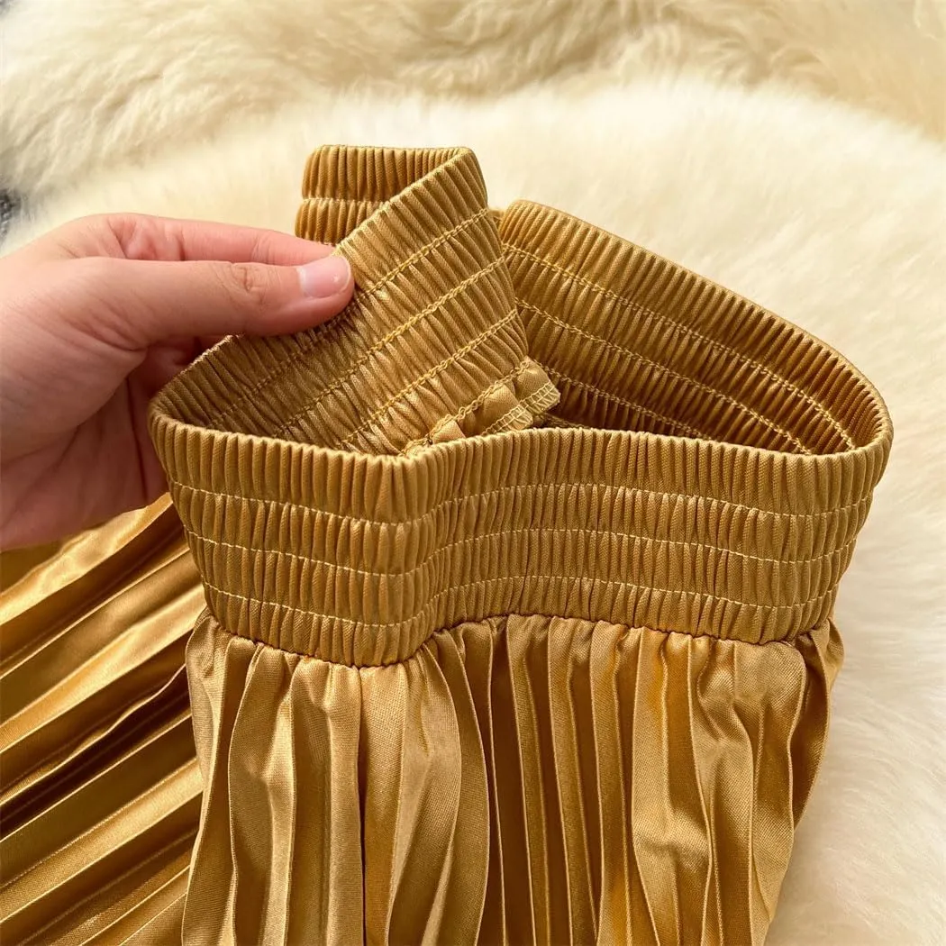 Women's Spring-Summer Bohemian Satin Pleated Long Skirts High Waist Beach Umbrella Skirts