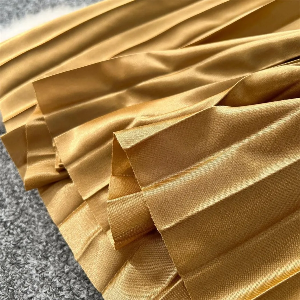 Women's Spring-Summer Bohemian Satin Pleated Long Skirts High Waist Beach Umbrella Skirts