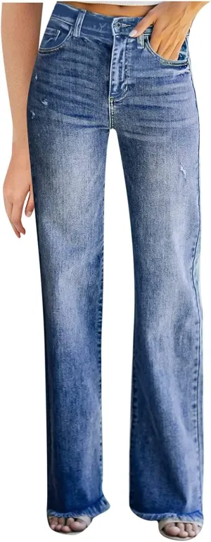 Womens Straight Leg Jeans High Waisted Stretch Denim Pants Wide Leg Dressy Pants Vintage Casual Jeans 2023 Summer Trendy