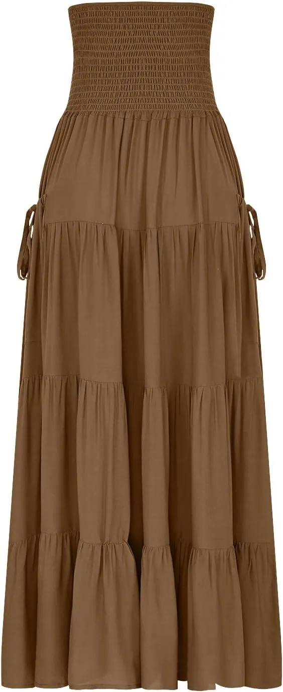Womens Summer Boho Flowy Swing Tiered A-Line Maxi Skirt 2025 Fashion Trendy Elastic Waist Pleated Layered Long Beach Dress