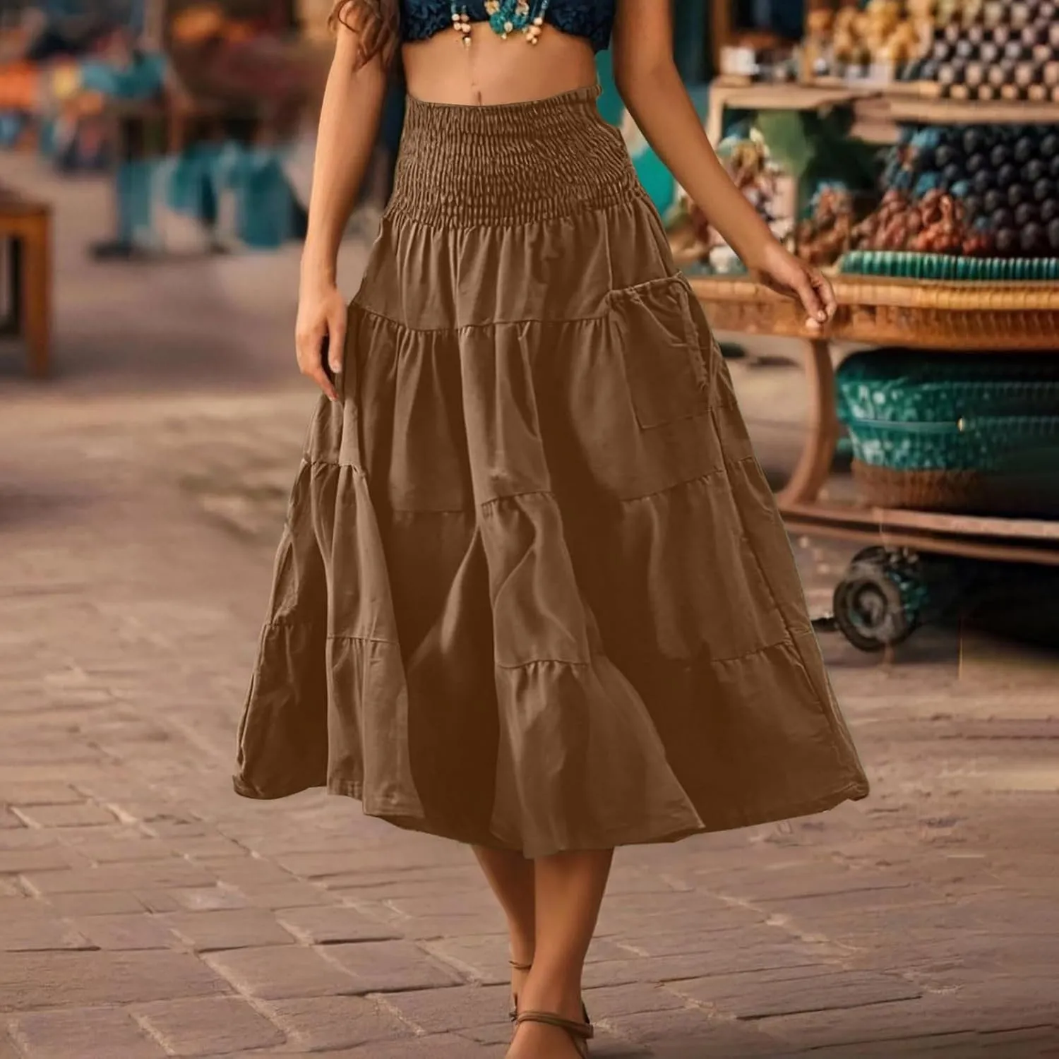 Womens Summer Boho Flowy Swing Tiered A-Line Maxi Skirt 2025 Fashion Trendy Elastic Waist Pleated Layered Long Beach Dress