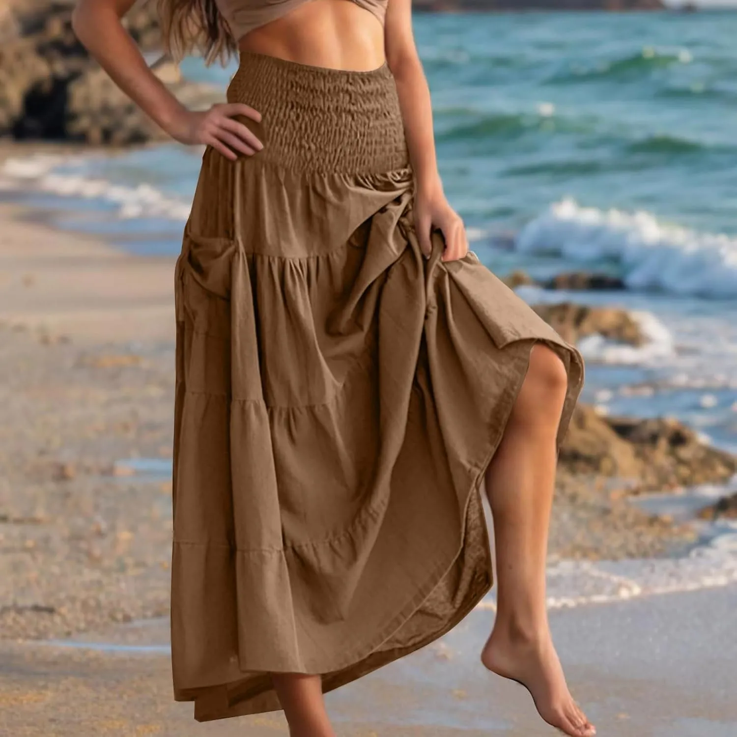 Womens Summer Boho Flowy Swing Tiered A-Line Maxi Skirt 2025 Fashion Trendy Elastic Waist Pleated Layered Long Beach Dress