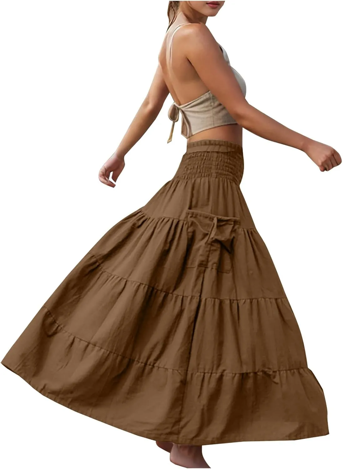 Womens Summer Boho Flowy Swing Tiered A-Line Maxi Skirt 2025 Fashion Trendy Elastic Waist Pleated Layered Long Beach Dress