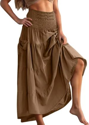 Womens Summer Boho Flowy Swing Tiered A-Line Maxi Skirt 2025 Fashion Trendy Elastic Waist Pleated Layered Long Beach Dress