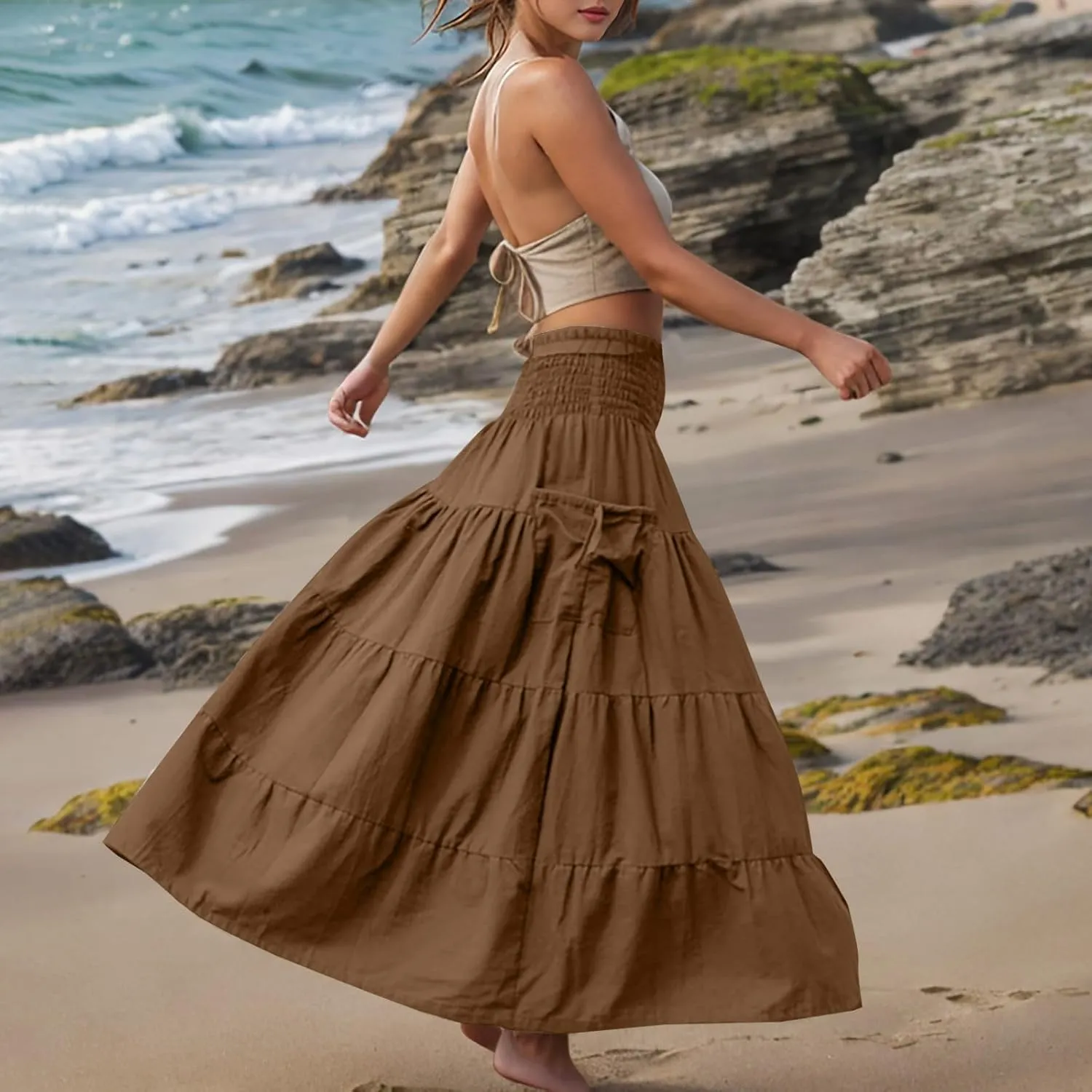 Womens Summer Boho Flowy Swing Tiered A-Line Maxi Skirt 2025 Fashion Trendy Elastic Waist Pleated Layered Long Beach Dress