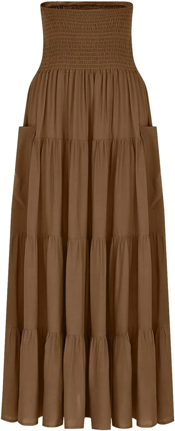 Womens Summer Boho Flowy Swing Tiered A-Line Maxi Skirt 2025 Fashion Trendy Elastic Waist Pleated Layered Long Beach Dress