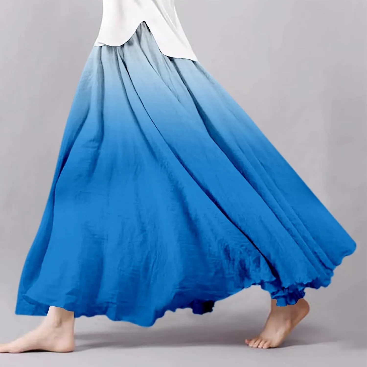 Women's Summer Boho Maxi Skirts Coton Linen A-Line Flowy Ruffle High Waist Beach Long Skirt Summer Broomstick Skorts
