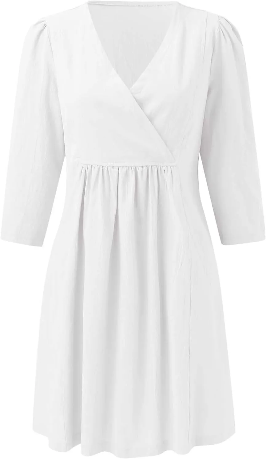 Womens Summer Cotton Linen A-line Dress Casual 3/4 Sleeve Knee-Length Ruched Dresses V-Neck Modest Dress for Women