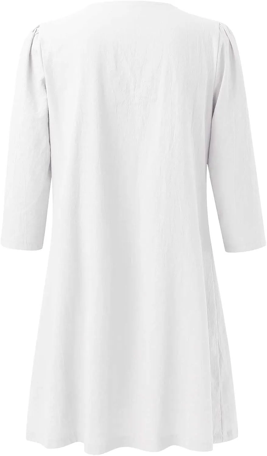 Womens Summer Cotton Linen A-line Dress Casual 3/4 Sleeve Knee-Length Ruched Dresses V-Neck Modest Dress for Women
