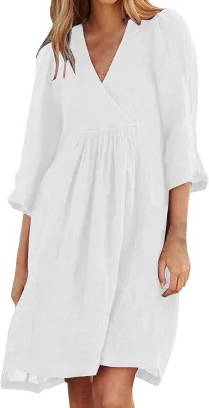 Womens Summer Cotton Linen A-line Dress Casual 3/4 Sleeve Knee-Length Ruched Dresses V-Neck Modest Dress for Women