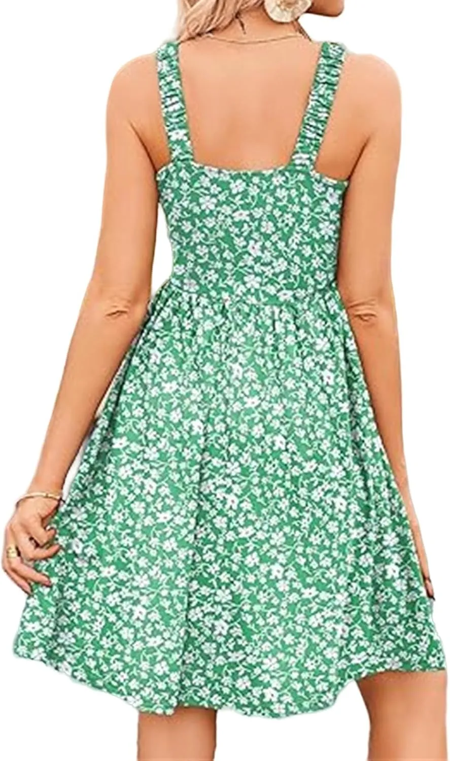 Women's Summer Dress Casual Square Neck Floral Dress Cute Sleeveless High Waist A-line Sundress Swing Mini Dresses