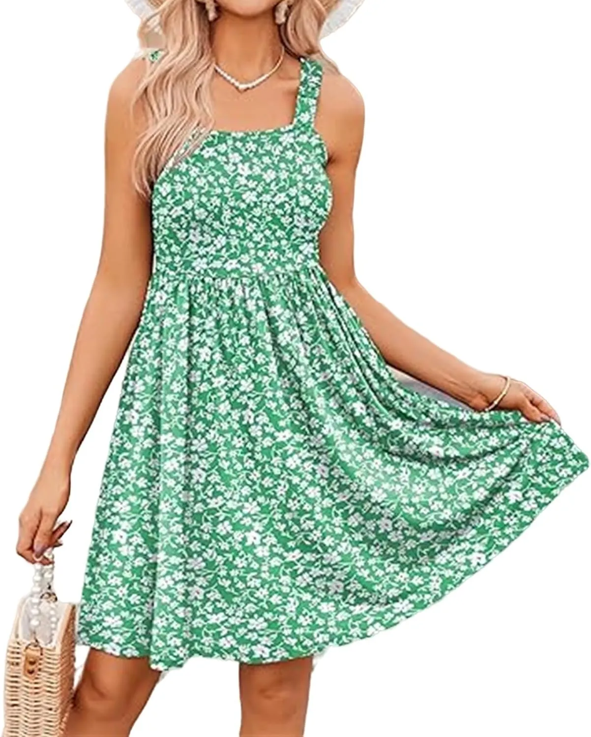 Women's Summer Dress Casual Square Neck Floral Dress Cute Sleeveless High Waist A-line Sundress Swing Mini Dresses