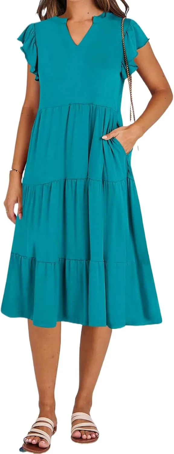 Womens Summer Dress Ruffle Sleeve V Neck Midi Dresses Trendy Casual Fit Flowy Tiered Boho Vacation Beach Sundress