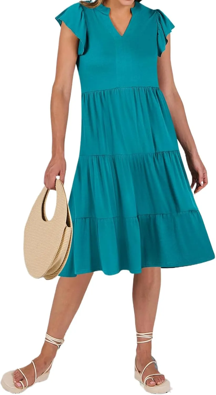 Womens Summer Dress Ruffle Sleeve V Neck Midi Dresses Trendy Casual Fit Flowy Tiered Boho Vacation Beach Sundress
