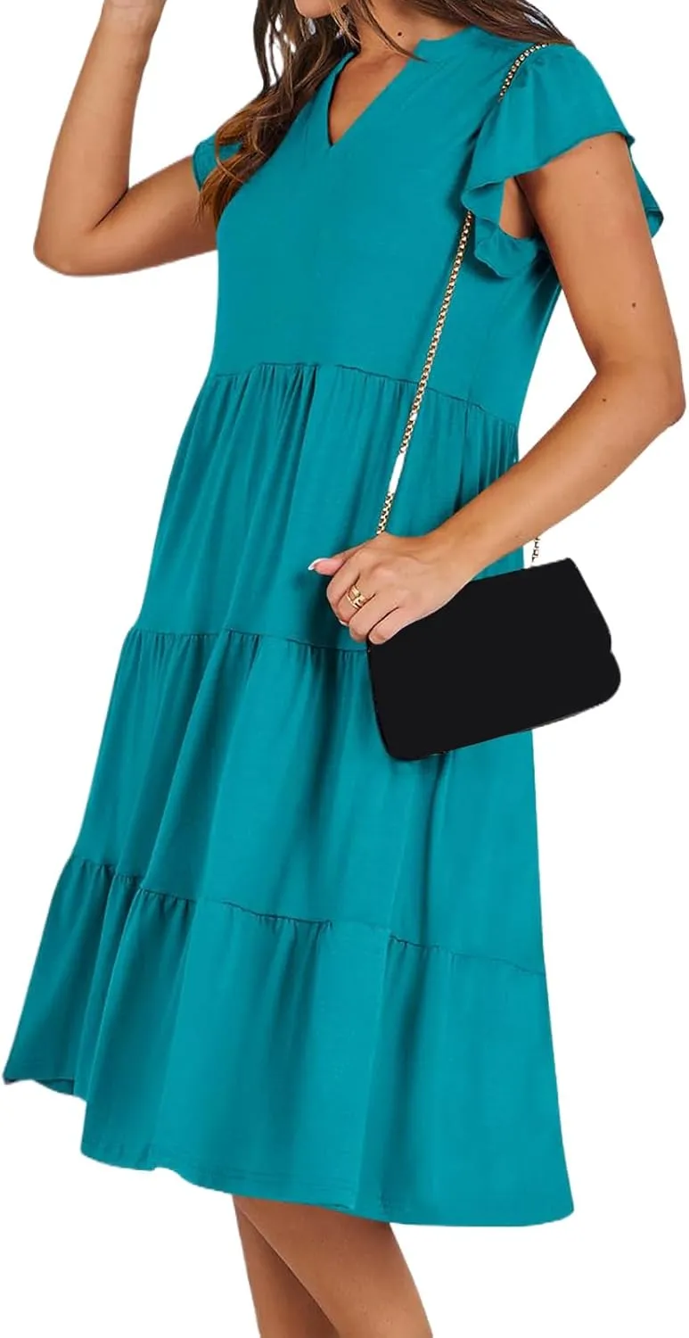Womens Summer Dress Ruffle Sleeve V Neck Midi Dresses Trendy Casual Fit Flowy Tiered Boho Vacation Beach Sundress