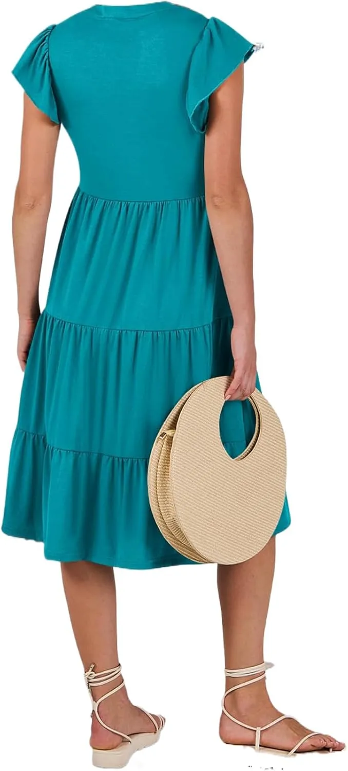 Womens Summer Dress Ruffle Sleeve V Neck Midi Dresses Trendy Casual Fit Flowy Tiered Boho Vacation Beach Sundress