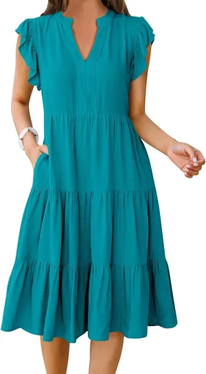 Womens Summer Dress Ruffle Sleeve V Neck Midi Dresses Trendy Casual Fit Flowy Tiered Boho Vacation Beach Sundress