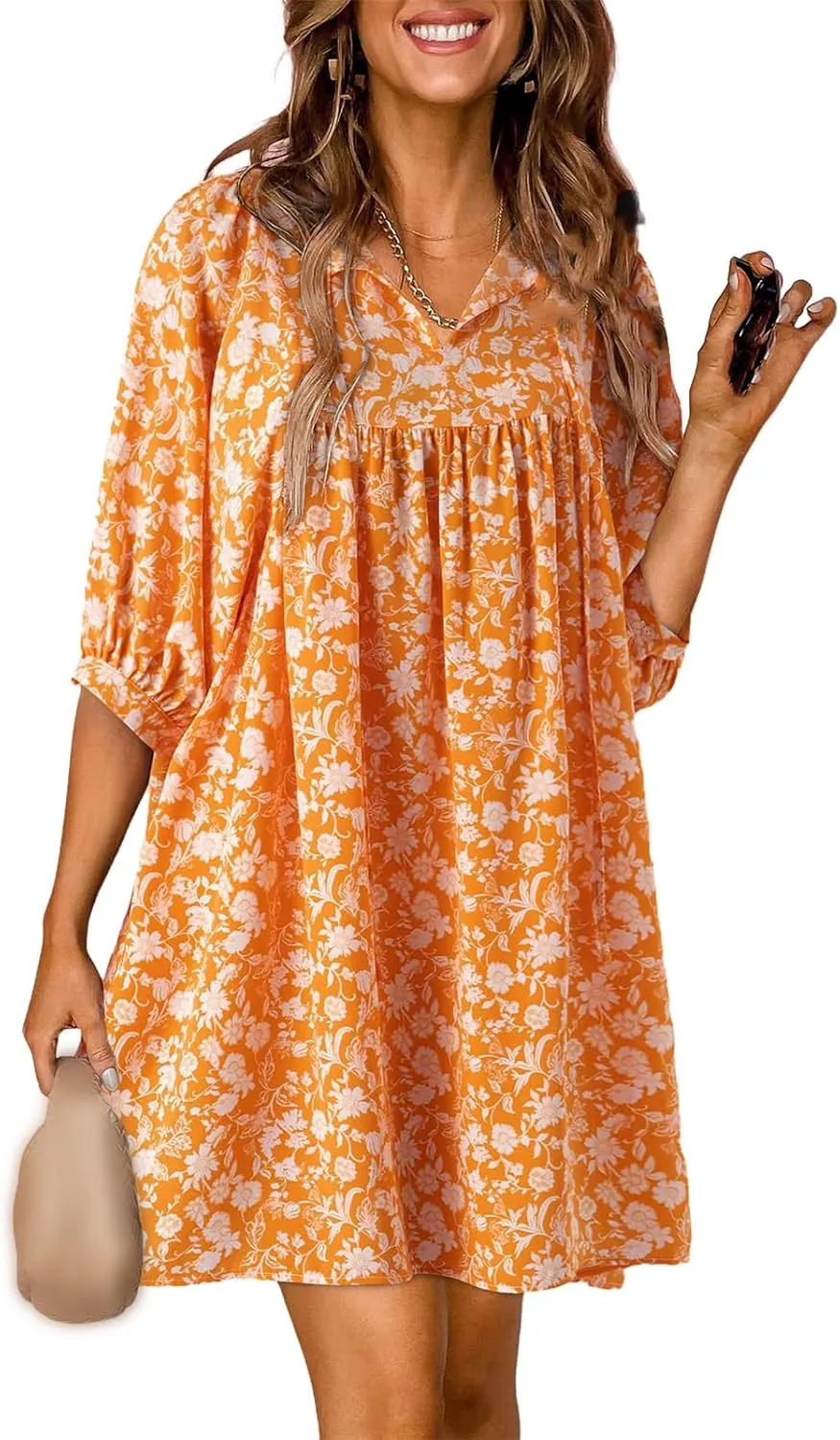 Womens Summer Dresses Bohemian Floral Lantern Sleeve V Neck Flowy A-Line Mini Dress 2025 Vacation Beach Dress