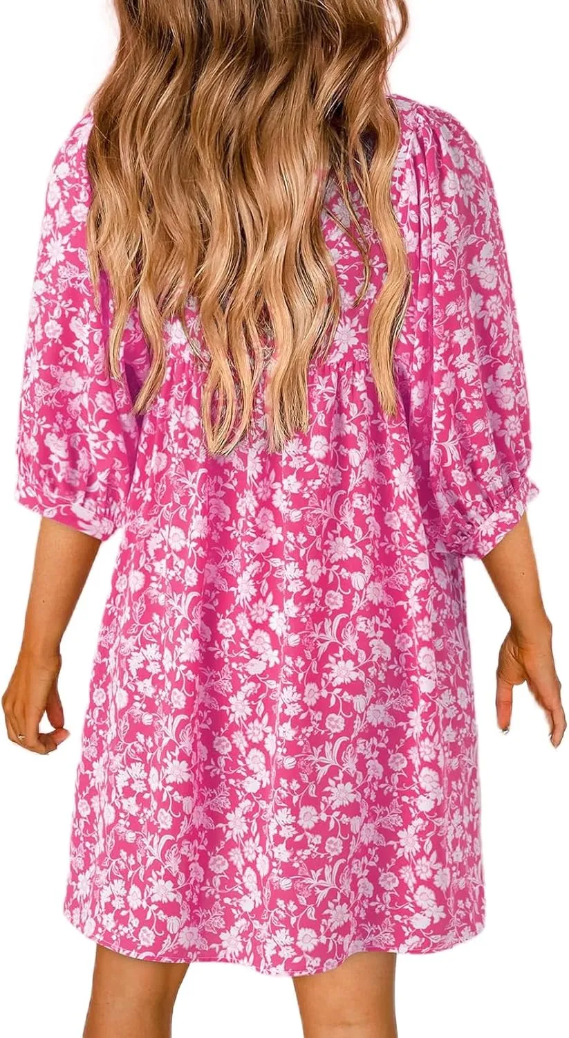 Womens Summer Dresses Bohemian Floral Lantern Sleeve V Neck Flowy A-Line Mini Dress 2025 Vacation Beach Dress