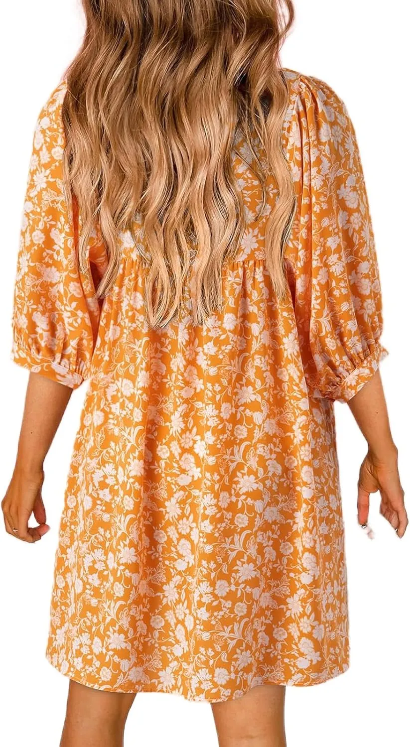 Womens Summer Dresses Bohemian Floral Lantern Sleeve V Neck Flowy A-Line Mini Dress 2025 Vacation Beach Dress