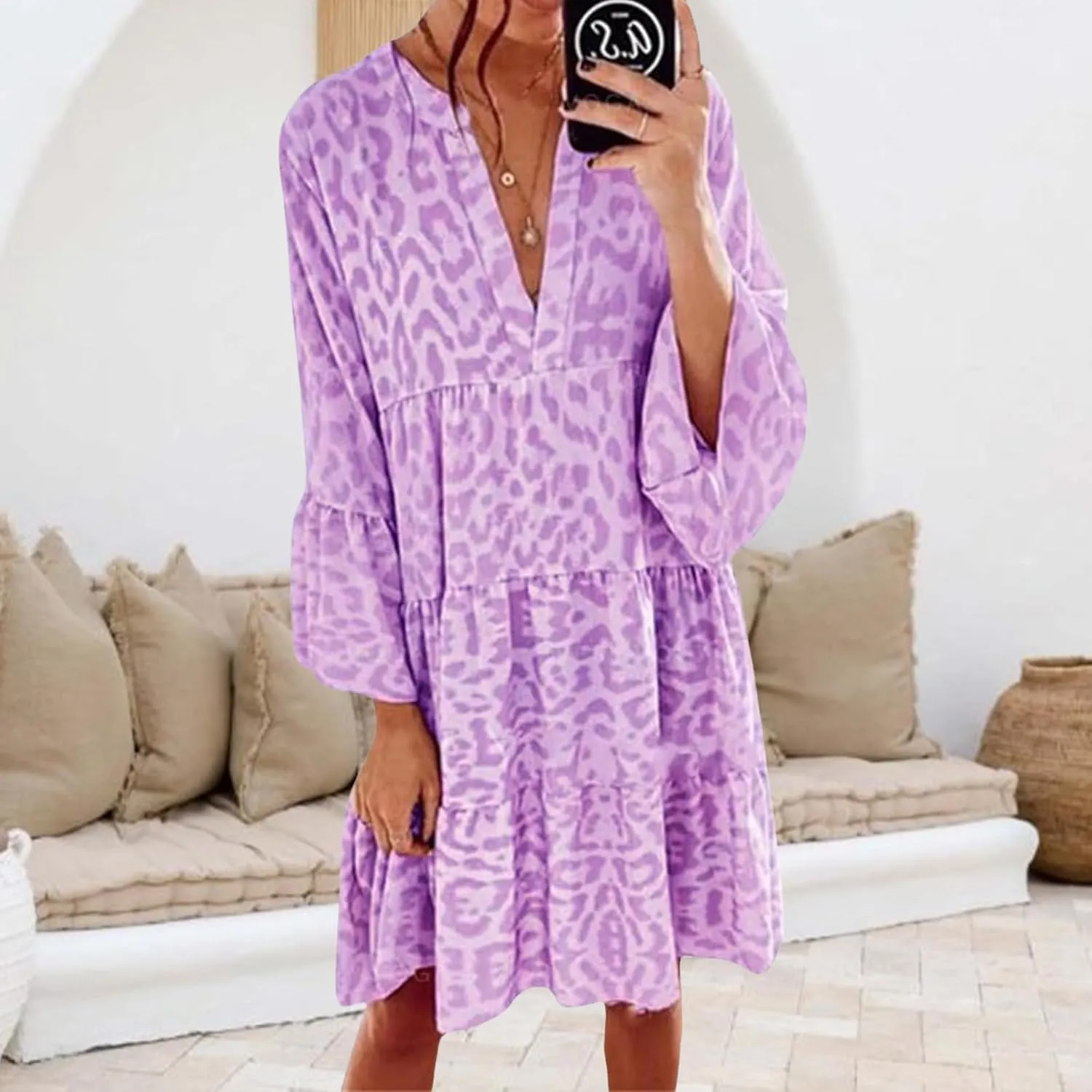 Womens Summer Dresses Boho Floral Babydoll Dress V Neck Ruffle Half Sleeve Sundress Beach Vacation Dress