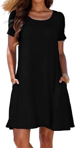 Womens Summer Dresses Crew Neck Short Sleeve A Line Mini Dresses Casual T Shirts Dresses Loose Sundress with Pocket