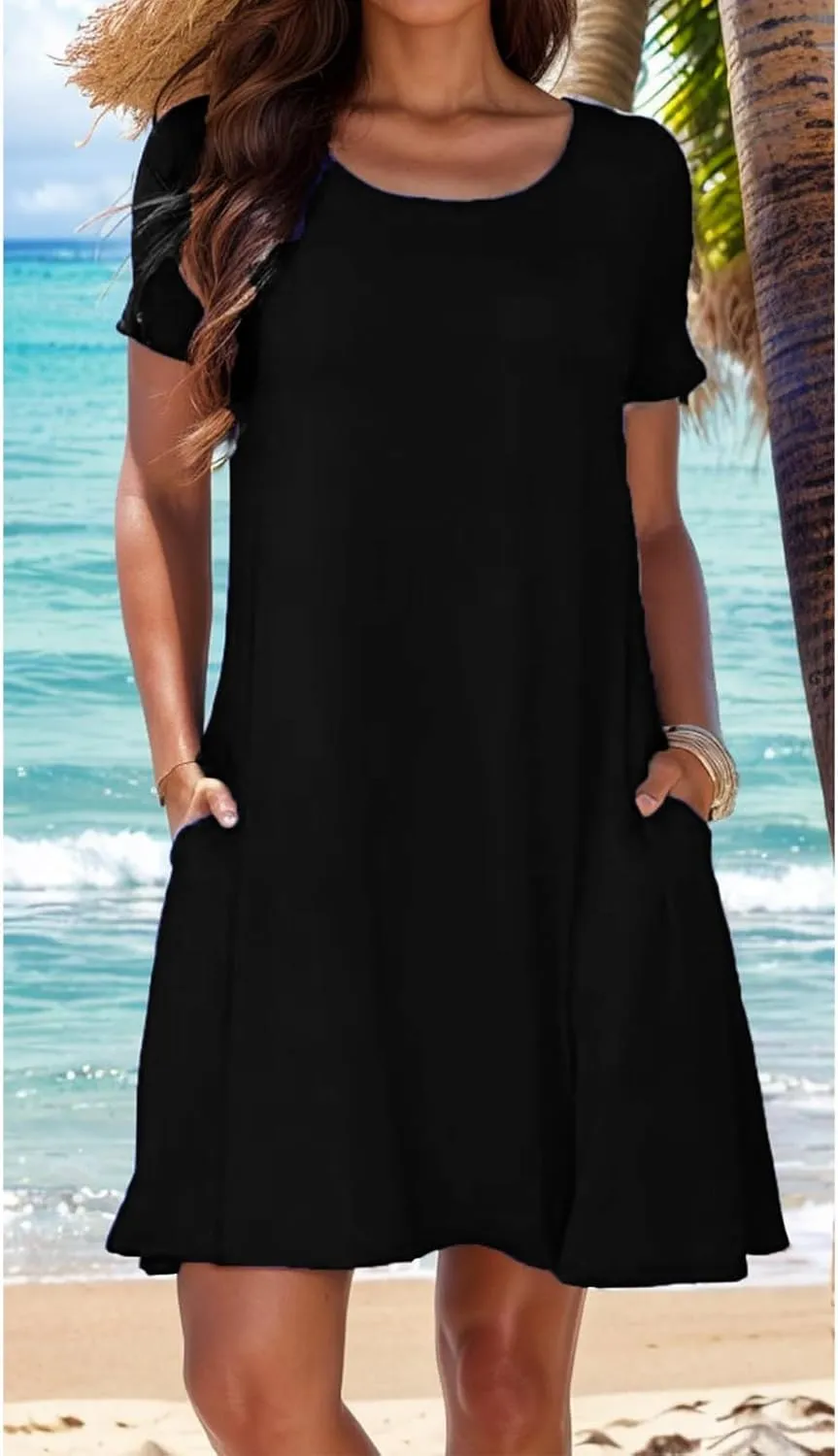 Womens Summer Dresses Crew Neck Short Sleeve A Line Mini Dresses Casual T Shirts Dresses Loose Sundress with Pocket