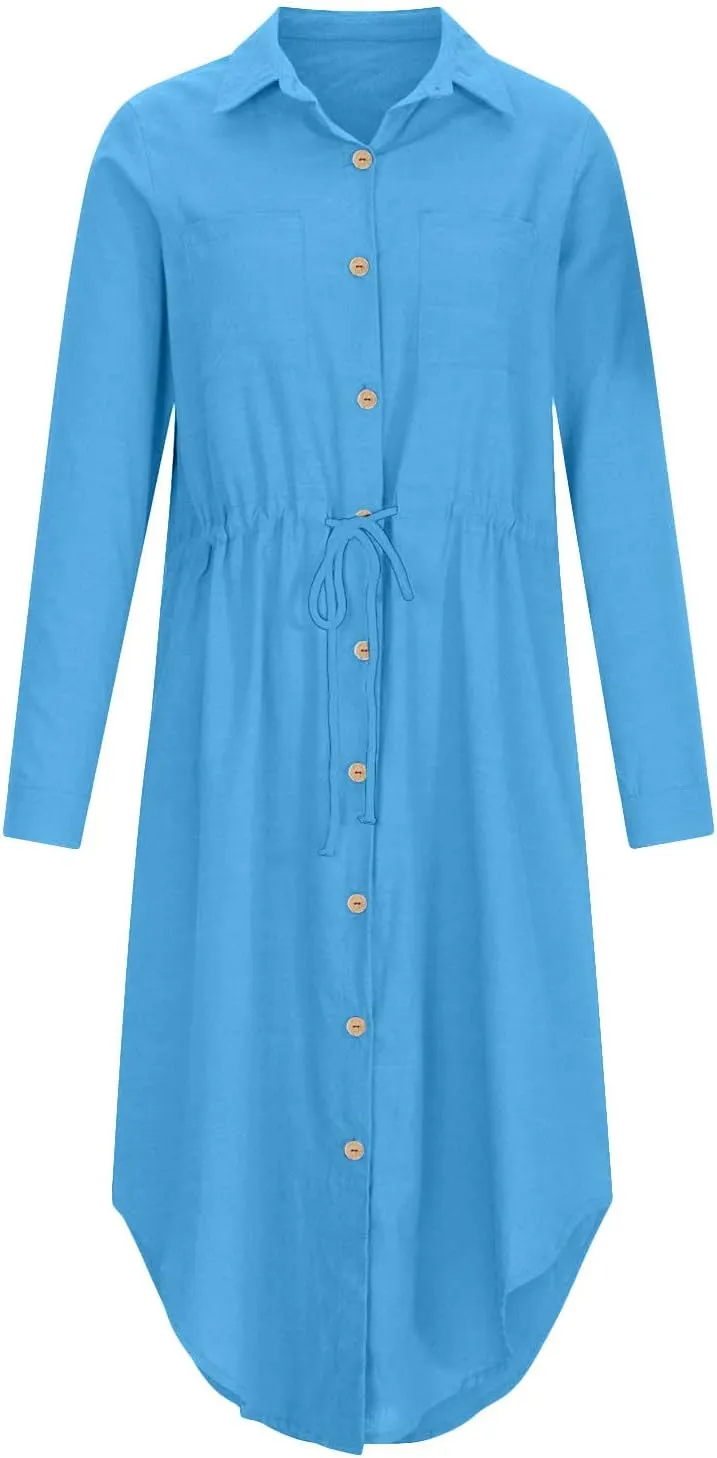 Womens Summer Dresses Long Sleeve Cotton Linen Sundress Lightweight Button Up Loose Casual Midi Dresse