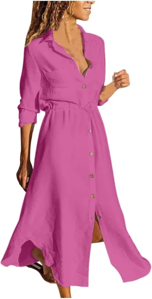 Womens Summer Dresses Long Sleeve Cotton Linen Sundress Lightweight Button Up Loose Casual Midi Dresse