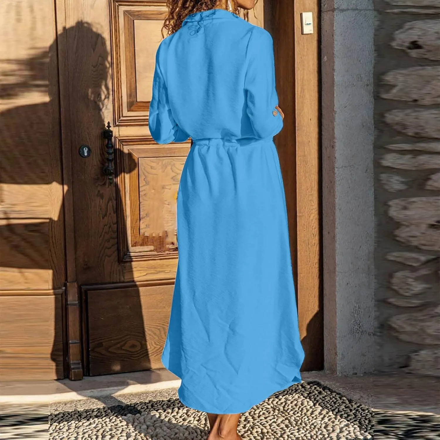 Womens Summer Dresses Long Sleeve Cotton Linen Sundress Lightweight Button Up Loose Casual Midi Dresse