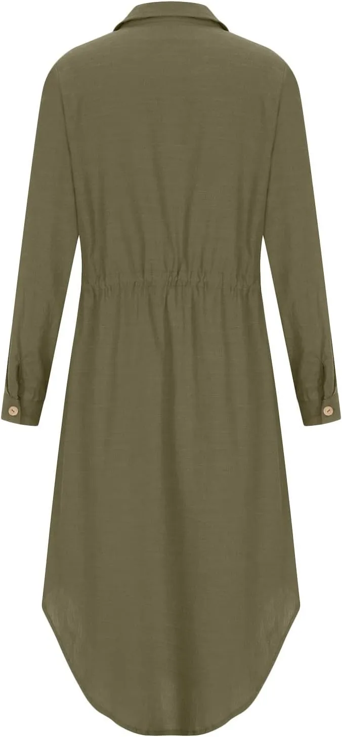 Womens Summer Dresses Long Sleeve Cotton Linen Sundress Lightweight Button Up Loose Casual Midi Dresse