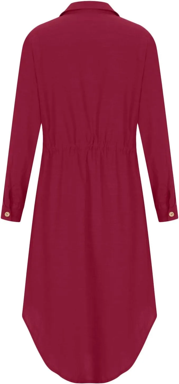 Womens Summer Dresses Long Sleeve Cotton Linen Sundress Lightweight Button Up Loose Casual Midi Dresse