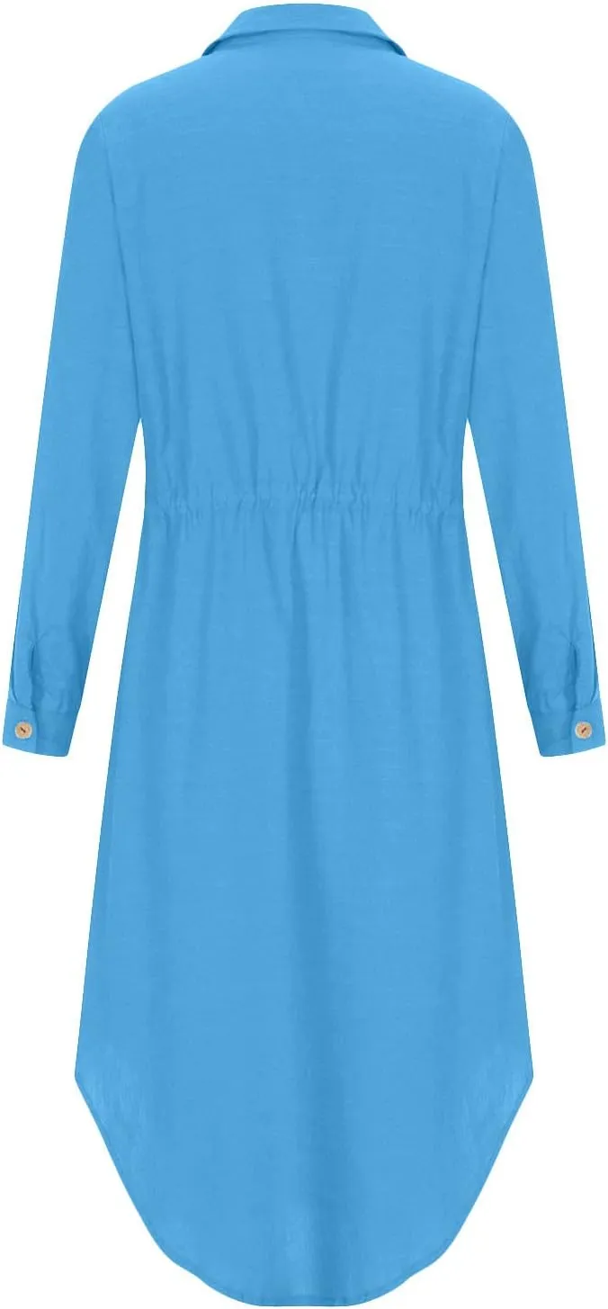 Womens Summer Dresses Long Sleeve Cotton Linen Sundress Lightweight Button Up Loose Casual Midi Dresse