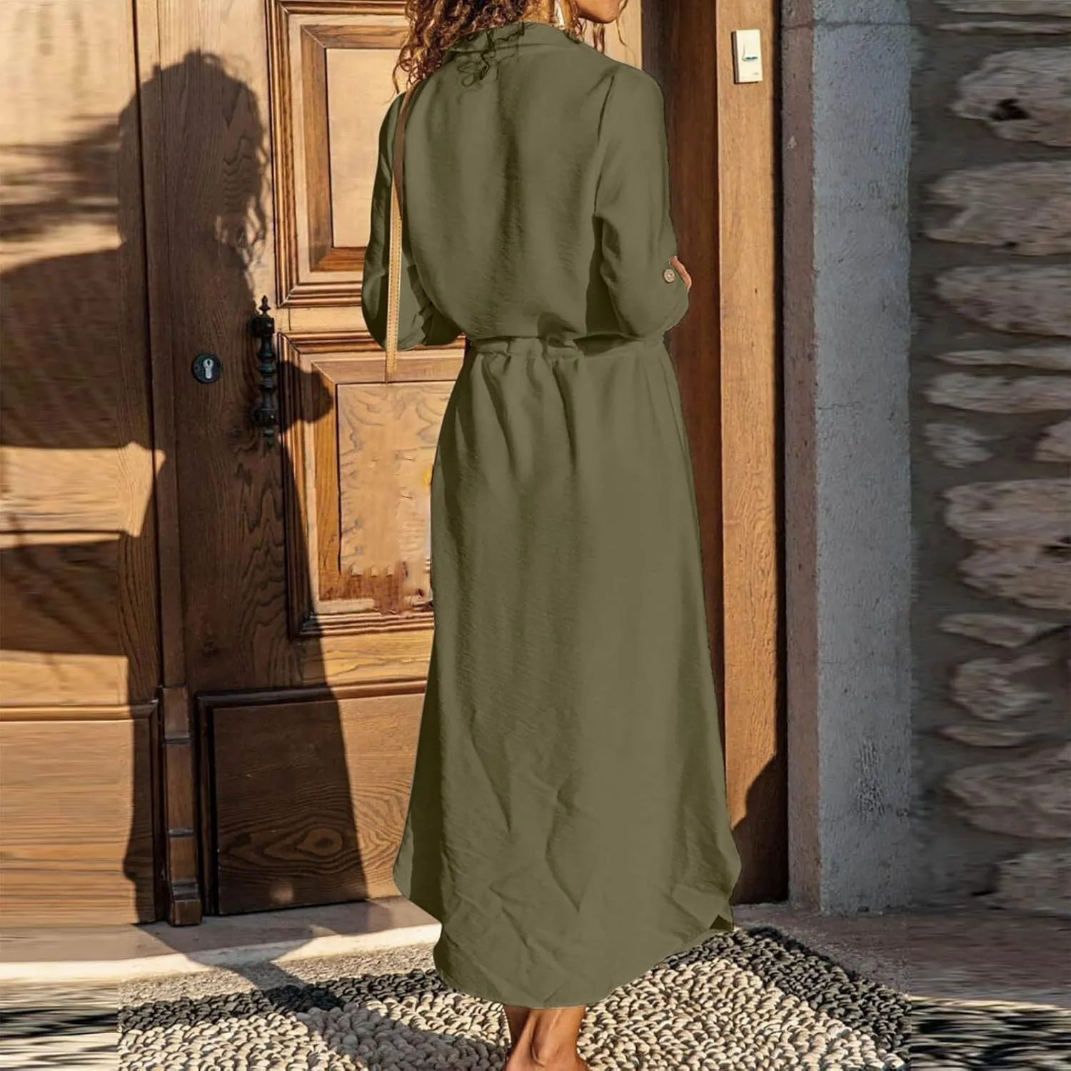 Womens Summer Dresses Long Sleeve Cotton Linen Sundress Lightweight Button Up Loose Casual Midi Dresse