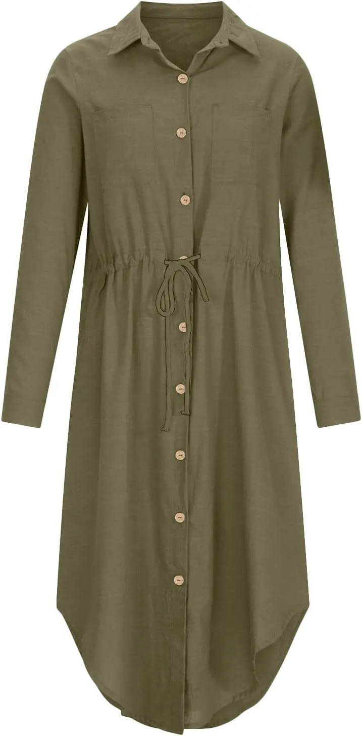 Womens Summer Dresses Long Sleeve Cotton Linen Sundress Lightweight Button Up Loose Casual Midi Dresse