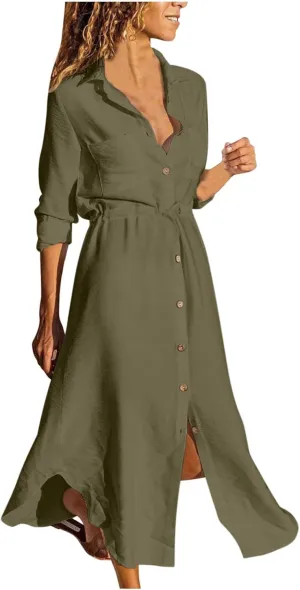 Womens Summer Dresses Long Sleeve Cotton Linen Sundress Lightweight Button Up Loose Casual Midi Dresse