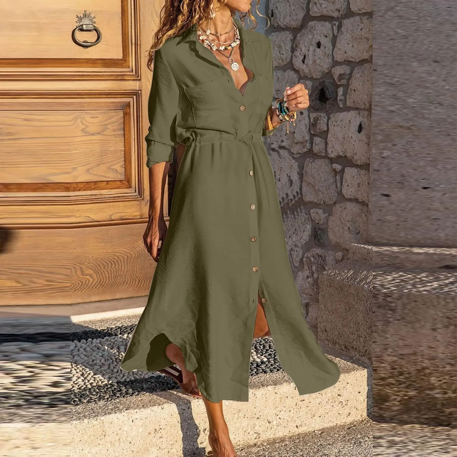Womens Summer Dresses Long Sleeve Cotton Linen Sundress Lightweight Button Up Loose Casual Midi Dresse