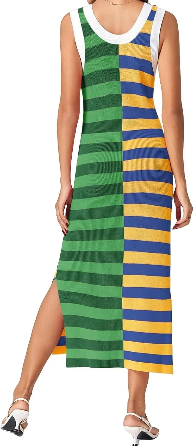 Womens Summer Dresses Striped Sleeveless Knitted Textured Trendy Dress Contrast Color Side Slit Casual Maxi Beach Dress