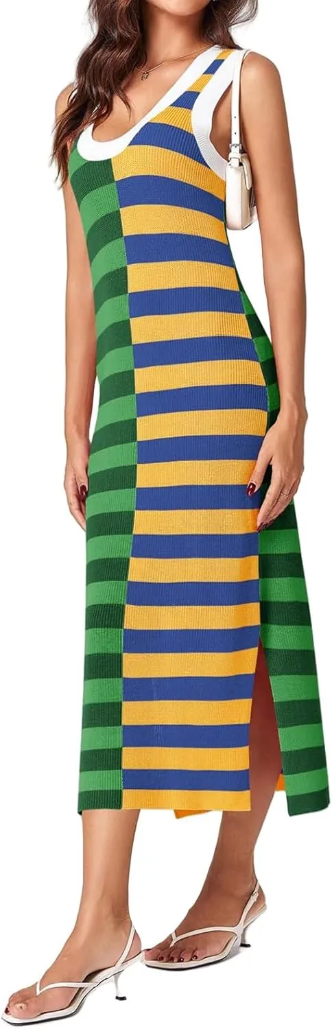 Womens Summer Dresses Striped Sleeveless Knitted Textured Trendy Dress Contrast Color Side Slit Casual Maxi Beach Dress