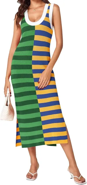 Womens Summer Dresses Striped Sleeveless Knitted Textured Trendy Dress Contrast Color Side Slit Casual Maxi Beach Dress
