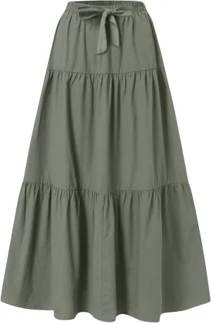 Womens Summer Flowy Swing Midi Skirts Boho High Elastic Waist Fake Drawstring Floral Print A line Casual Cute Skirt