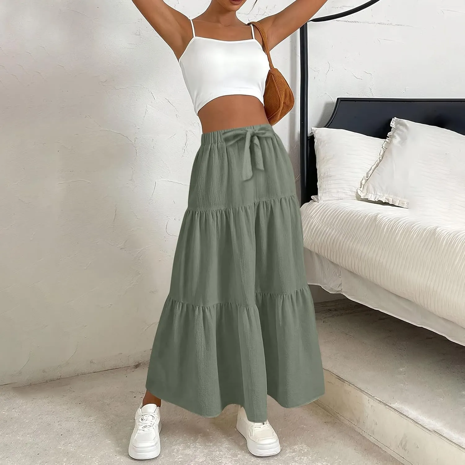 Womens Summer Flowy Swing Midi Skirts Boho High Elastic Waist Fake Drawstring Floral Print A line Casual Cute Skirt